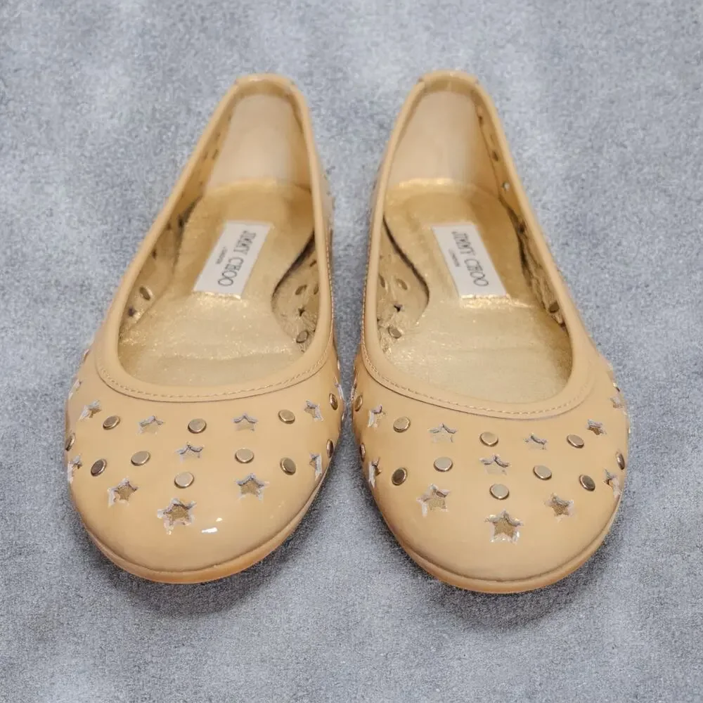 Jimmy Choo Nude Patent Leather Star Stud Ballet Flats Size 37 Made in Italy